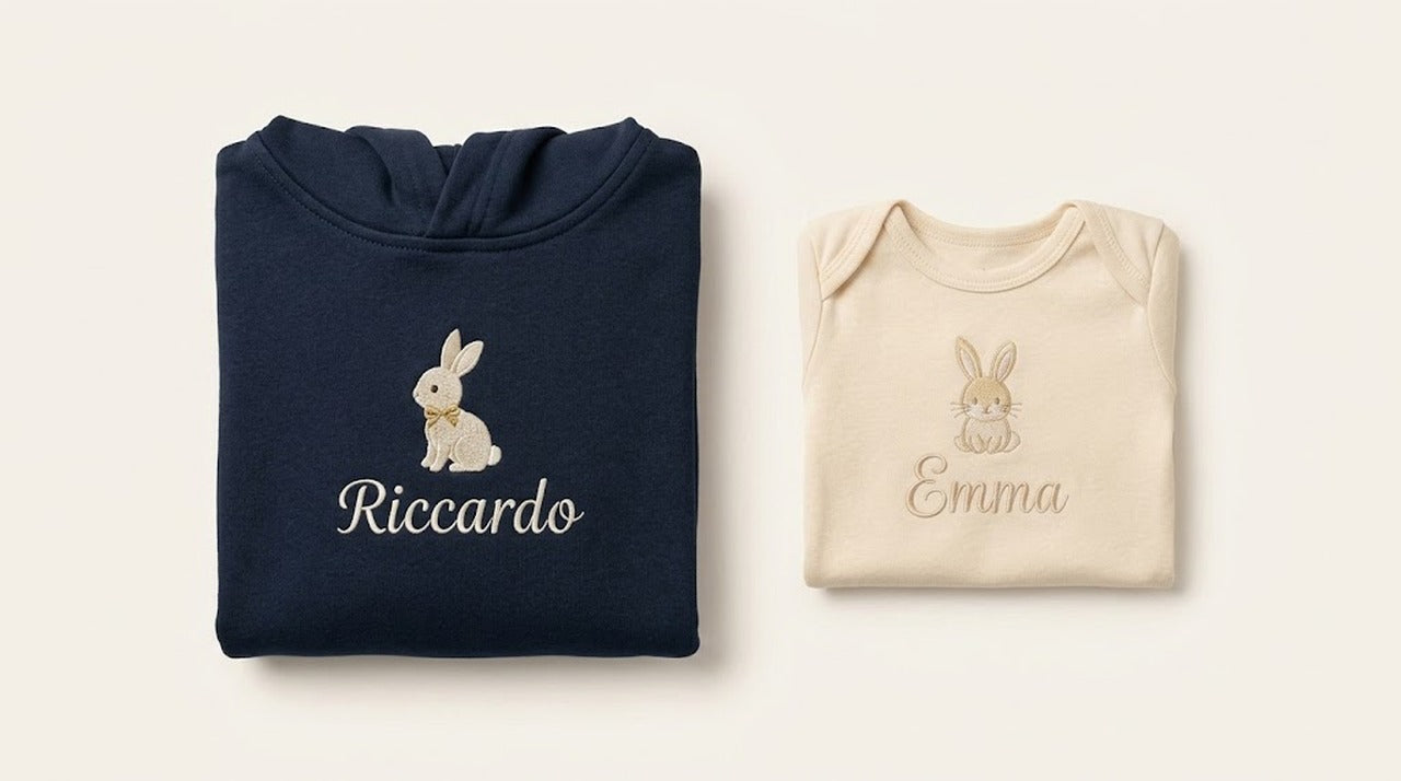 Riccardo e Emma, felpa e body Kit Fratelli Fiocco su sfondo neutro