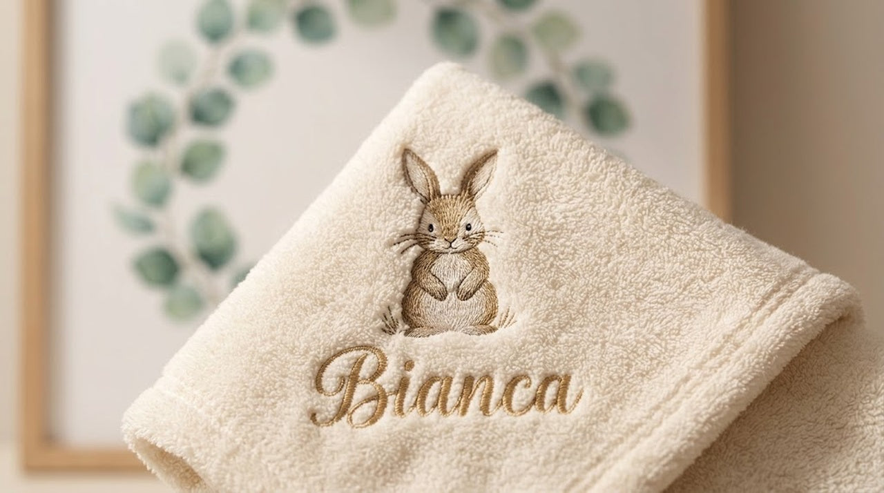 Bianca, dettaglio ricamo coperta Kit Nascita Fiocco